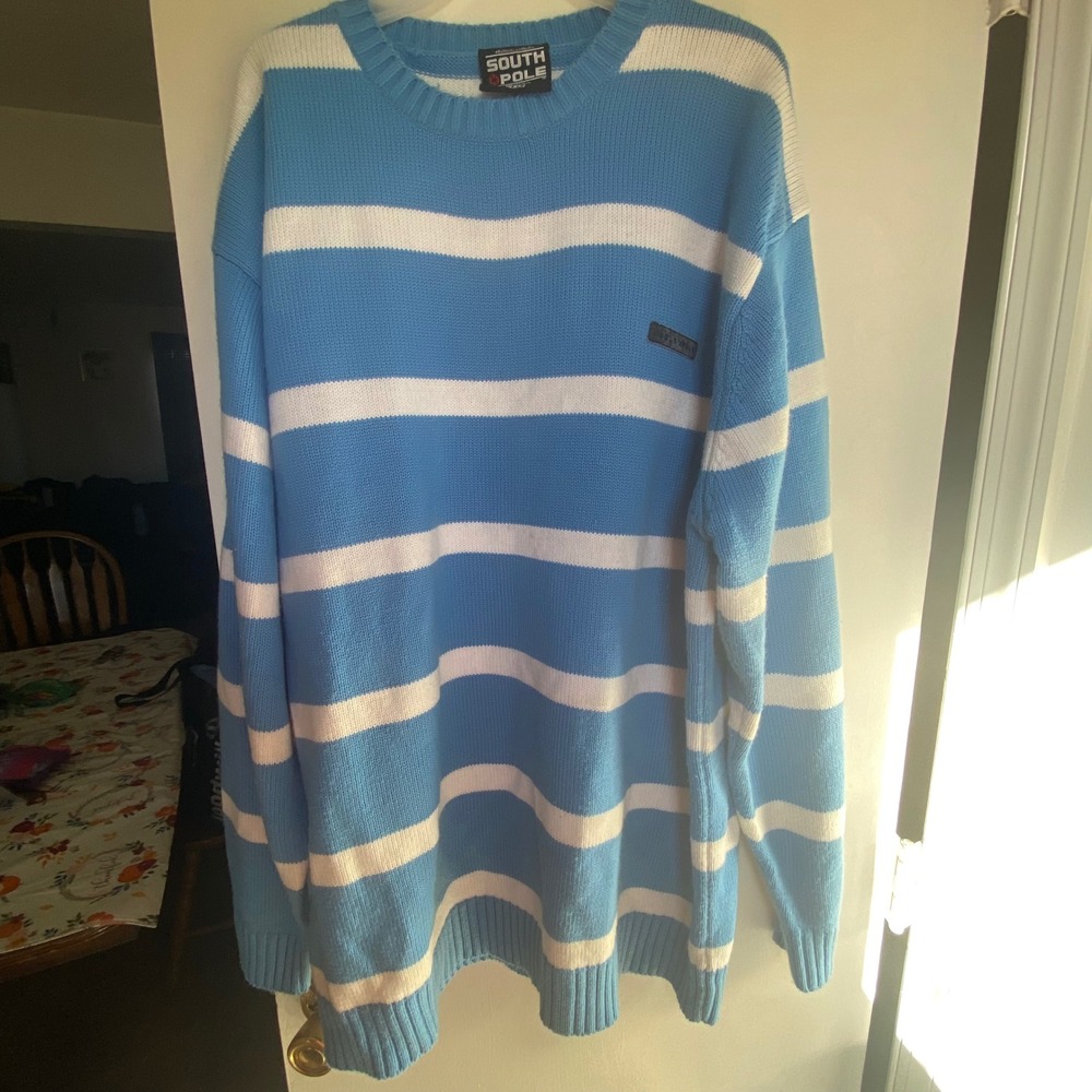 Vintage‎ South Pole Mens XXL Blue White Striped Long Sleeve Crew Neck Sweater
